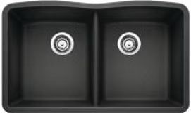 Black, double-basin kitchen sink with silver drain strainers.