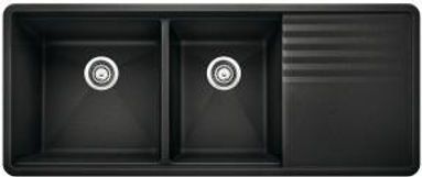 Black kitchen sink with two basins and a ribbed drainboard.