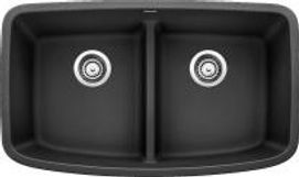 Black, double-basin kitchen sink with two round drain openings, seen from above.
