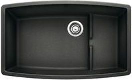 Black, rectangular kitchen sink with a divider and drain in the center.