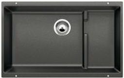 Dark gray kitchen sink with integrated right-side drainboard and centered drain.