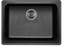 Black rectangular kitchen sink with a circular drain.