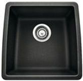 Black square kitchen sink with centered drain.