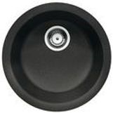 Round black kitchen sink with a stainless steel drain.