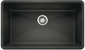 Black rectangular kitchen sink with central drain.