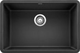 Black rectangular kitchen sink with a circular drain.