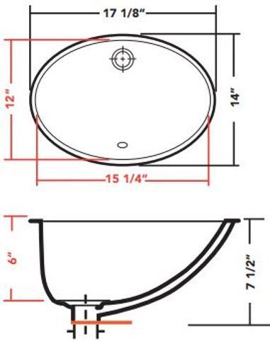 Diagram of an oval bathroom sink, showing top and side views with labeled dimensions in inches.