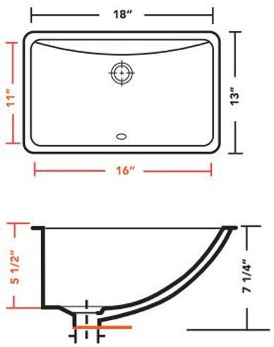 Diagram of a rectangular sink with dimensions labeled in inches. Top view and side profile are shown.