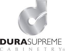 The logo for dura supreme cabinetry is a silver letter d with a check mark on it.