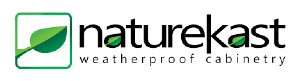 A logo for naturekast weatherproof cabinetry with a green leaf