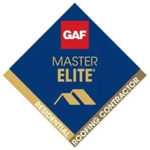 A blue and gold GAF Master Elite Residential Roofing Contractor logo, featuring a roof icon on a diamond-shaped background.