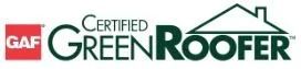 GAF Certified Green Roofer logo in red, black, and green text with an icon of a house roof.