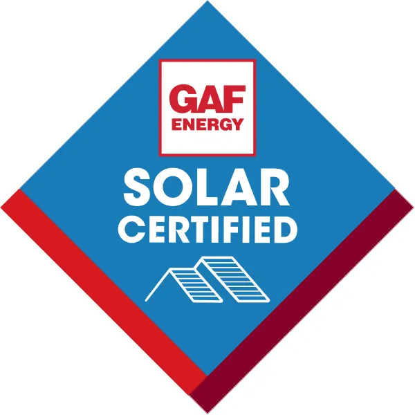 A blue diamond-shaped GAF Energy Solar Certified logo featuring the company name, text, and a stylized roof graphic.