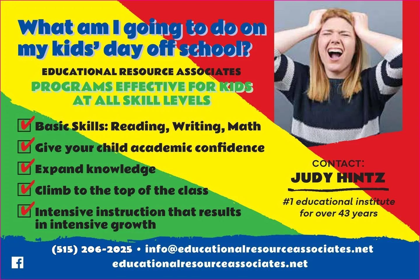 An advertisement for educational resources associates shows a woman screaming