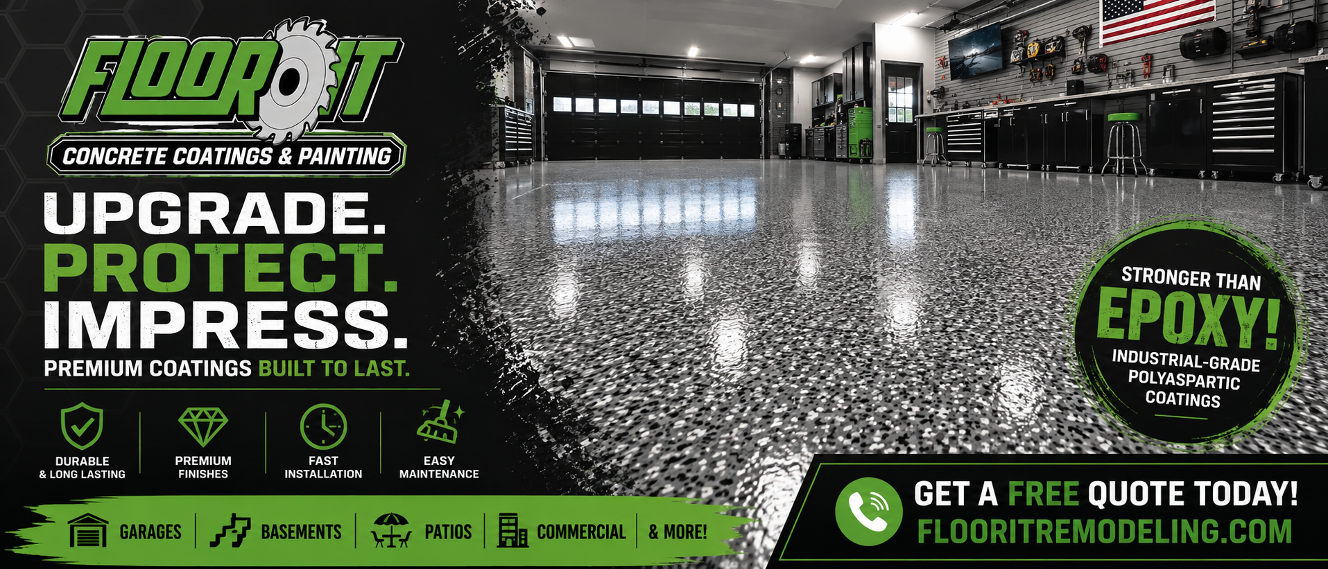 FloorIt Remodeling epoxy flooring ad with garage floor and “Upgrade. Protect. Impress.” text