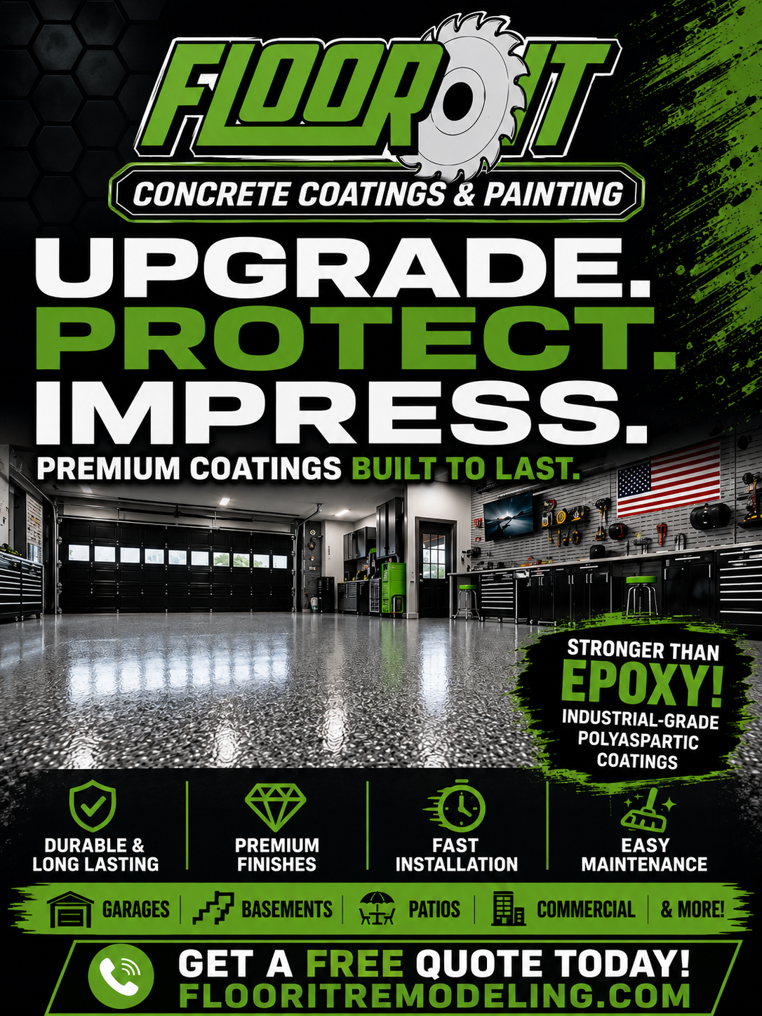 Floor It concrete coatings ad: “Upgrade. Protect. Impress.” for premium epoxy flooring.
