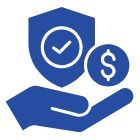 A blue icon of an open hand holding a shield with a checkmark and a coin with a dollar sign.