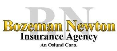 Logo for Bozeman Newton Insurance Agency, An Oslund Corp, with gold text over a faint gray "BN" background.