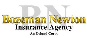 Logo for Bozeman Newton Insurance Agency, An Oslund Corp, with gold text over a faint gray "BN" background.