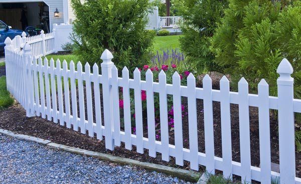 White picket fence along a garden path with green shrubs and pink flowers.