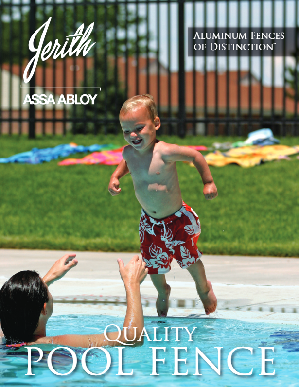Child jumping into a pool behind a quality pool fence in a sunny backyard