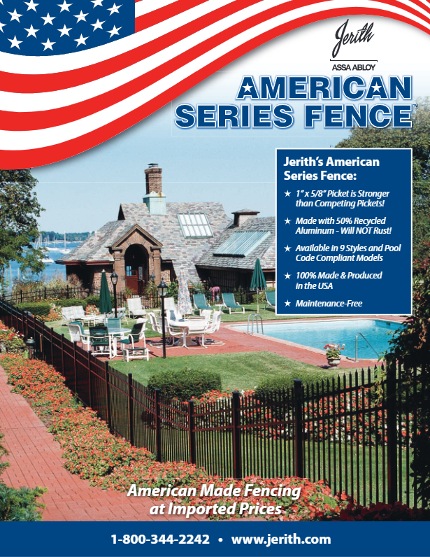 American fence company ad with mansion, pool, and black wrought-iron fence under an American flag banner