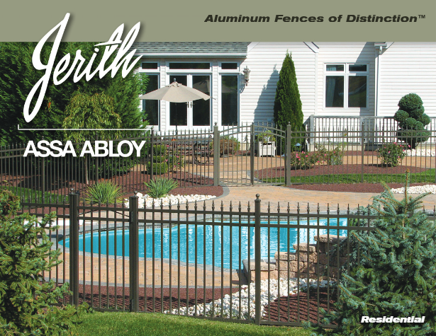 Jerith aluminum fence around a backyard pool and patio, with house and landscaping behind it