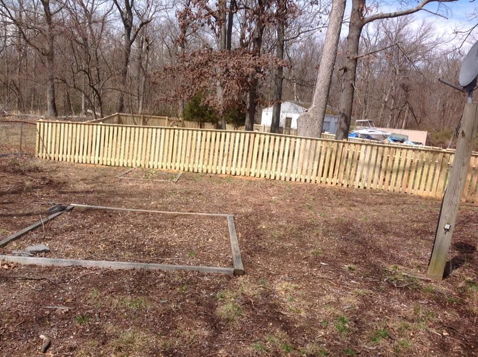 Leafless backyard with a wooden fence, bare trees, and a metal garden frame on the ground.