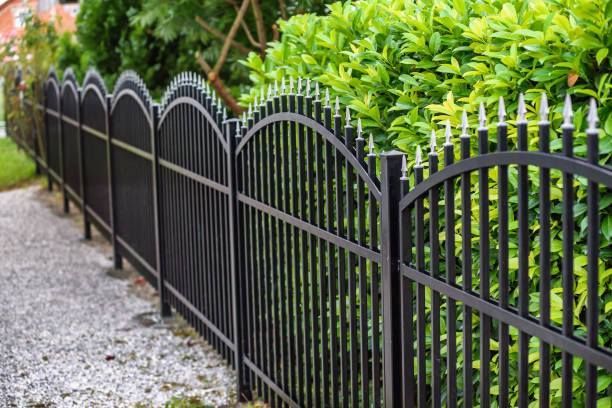 Black metal picket fence lining a gravel path beside dense green shrubs