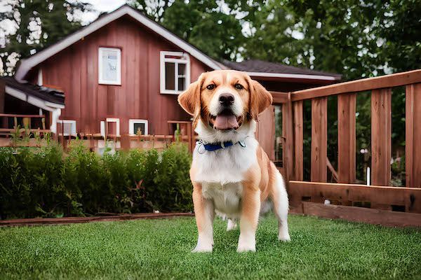 Brown and white dog standing on green grass in a yard with a red house behind it