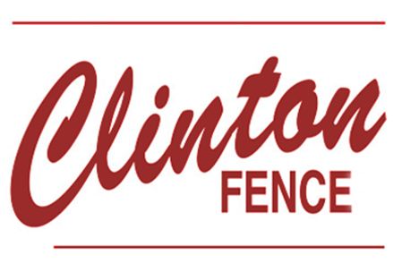 Clinton Fence logo in red text with thin red lines above and below on a white background