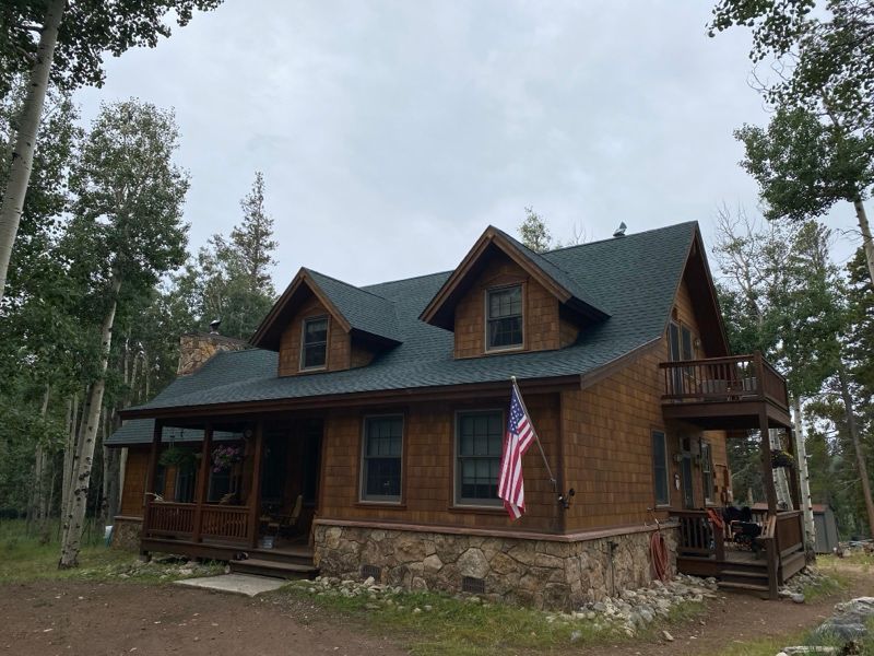 Rustic wooden cabin with green roof and U.S. flag, surrounded by trees