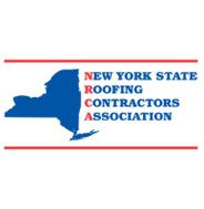 Logo for New York State Roofing Contractors Association: blue New York outline, red/blue text.