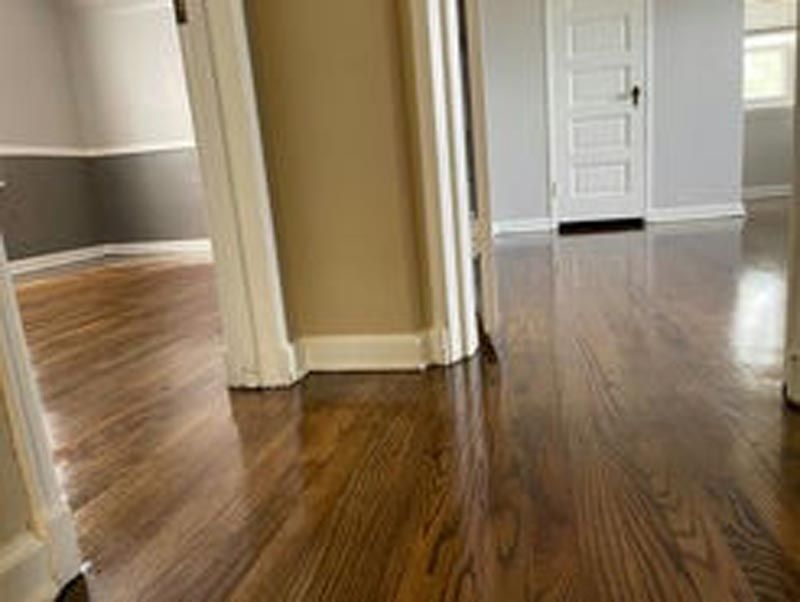 A hallway in a house with hardwood floors and a white door.