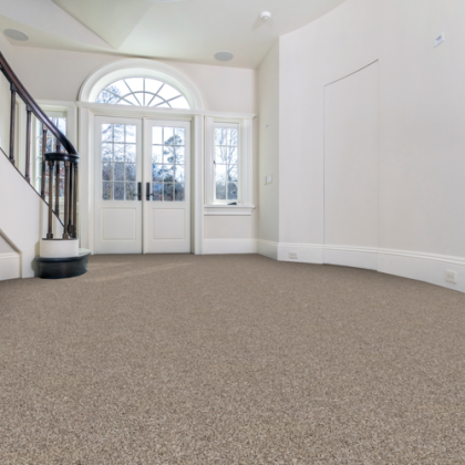 A room with a staircase and a carpeted floor