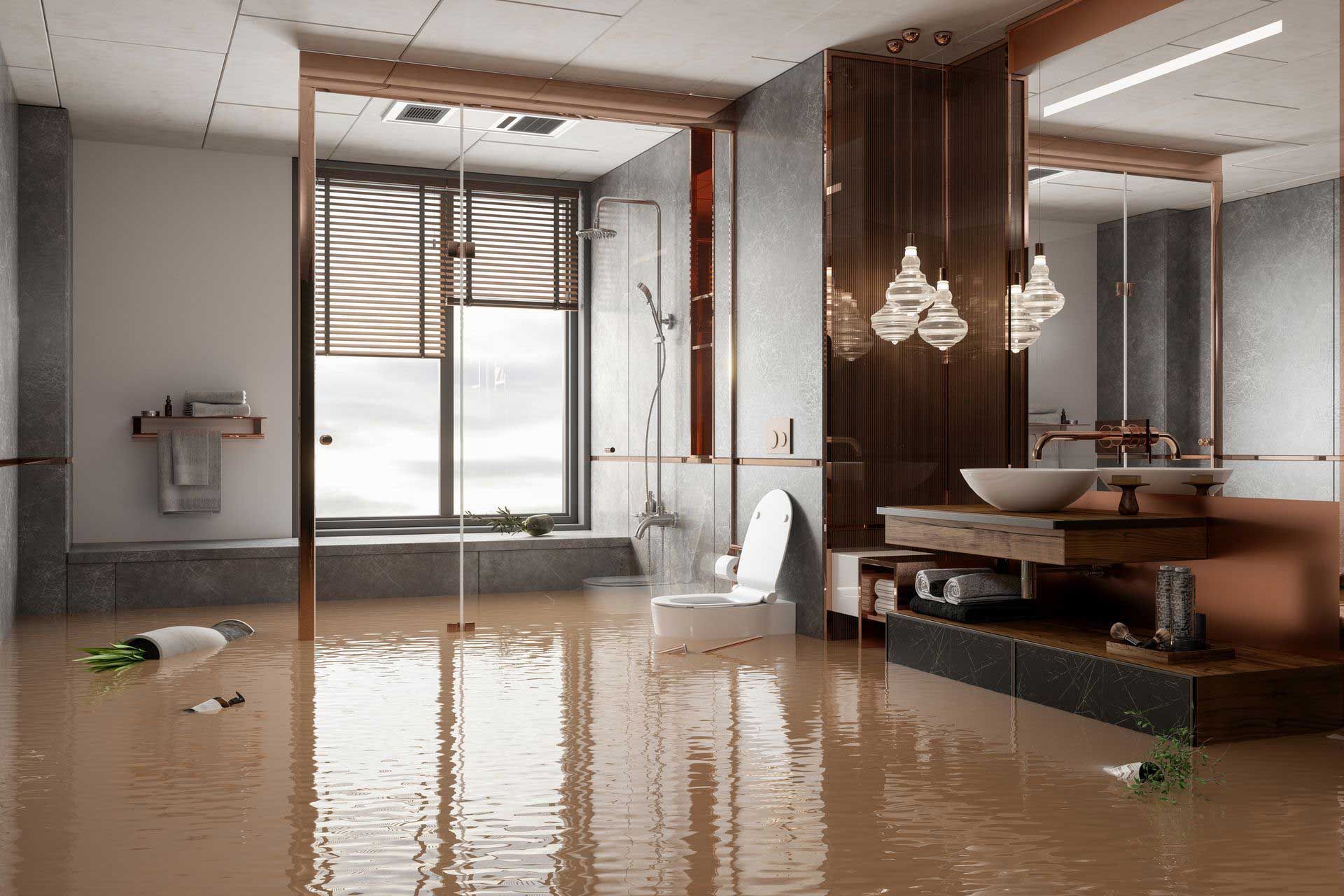 Flooded modern bathroom with copper accents; water covers the floor, bottles scattered.