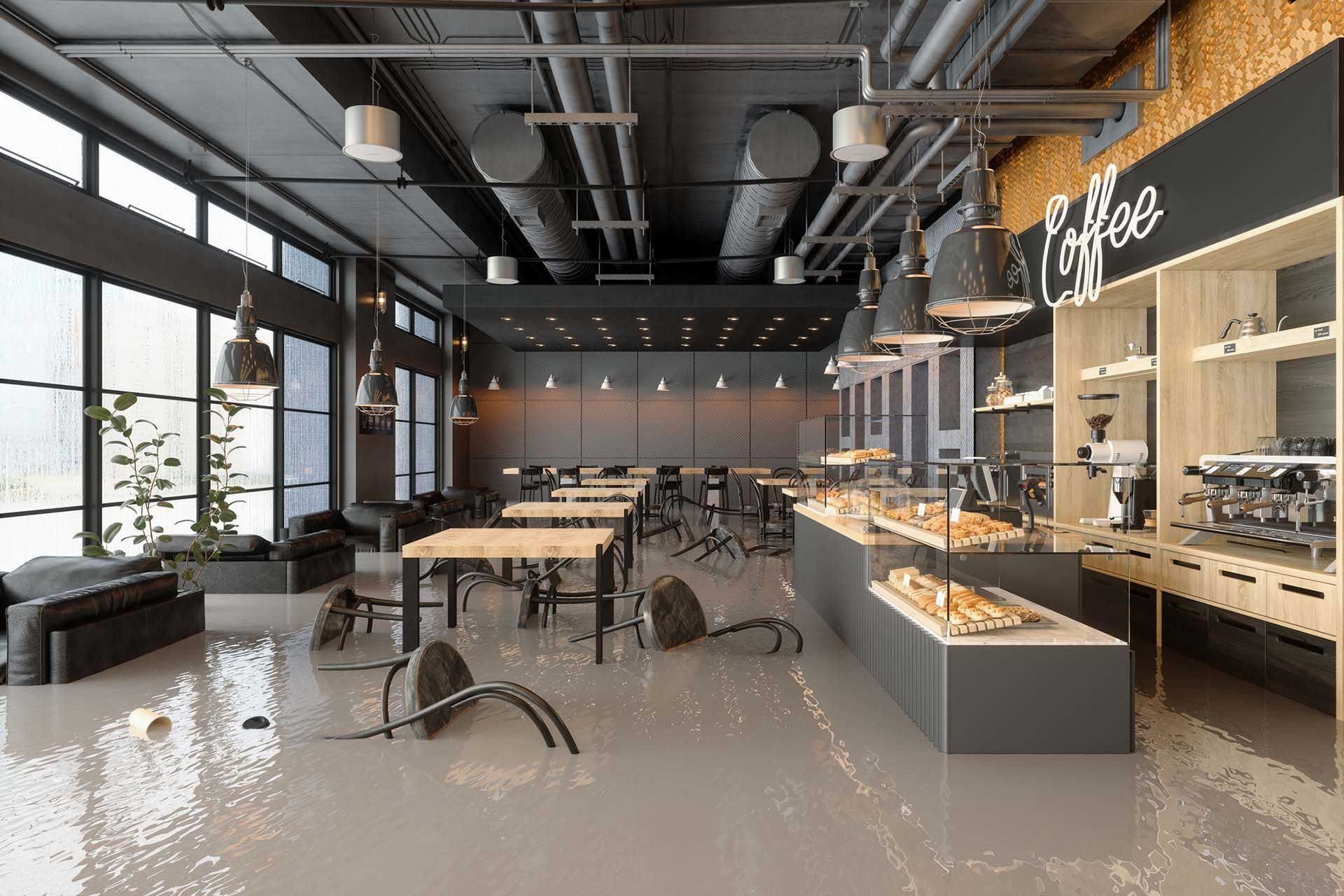 Interior of a flooded coffee shop. Tables and chairs are overturned, water covers the floor, and equipment is damaged.