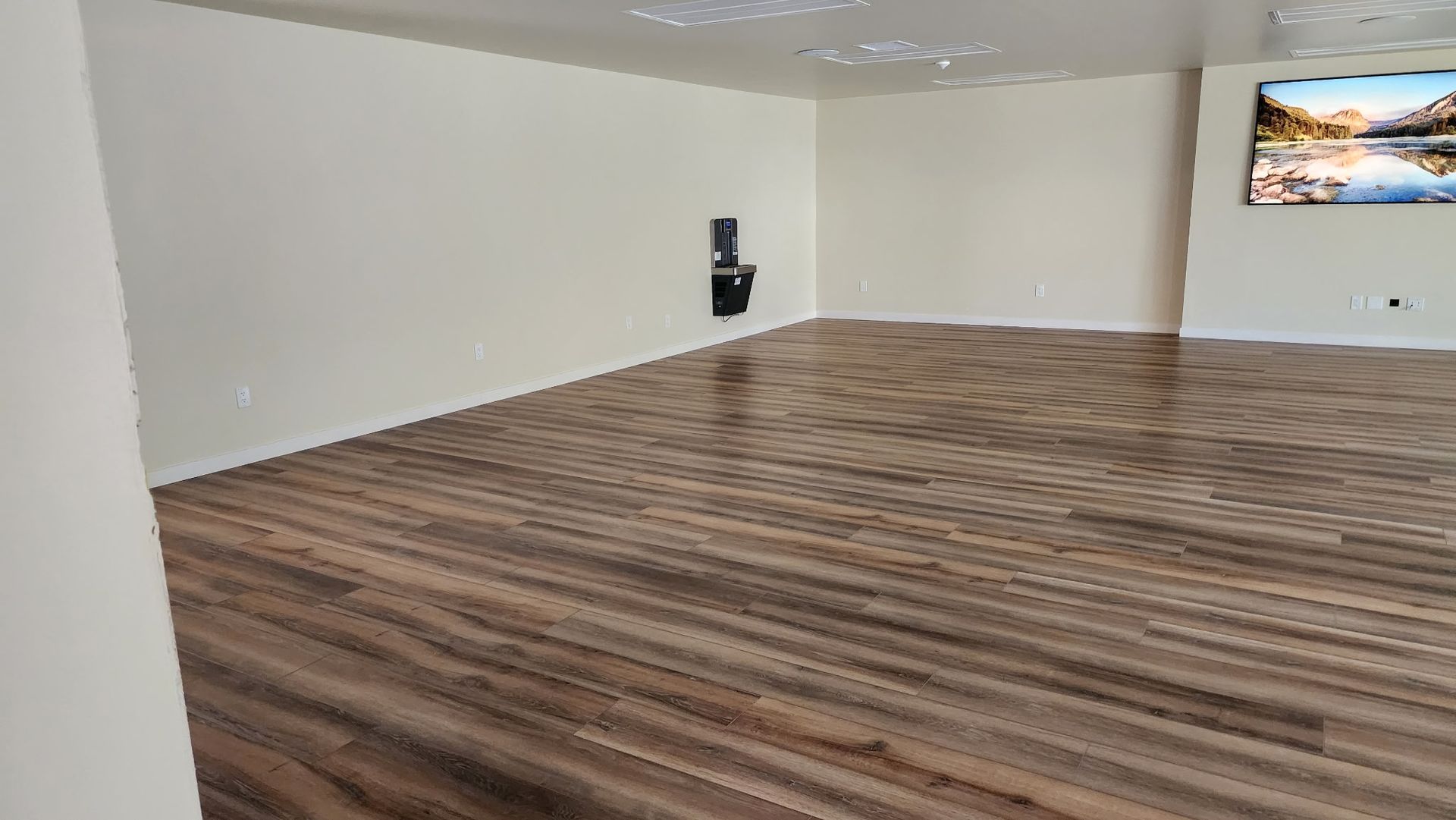 Empty room with wood-look floor, white walls, and a television. A charging station is mounted on a wall.
