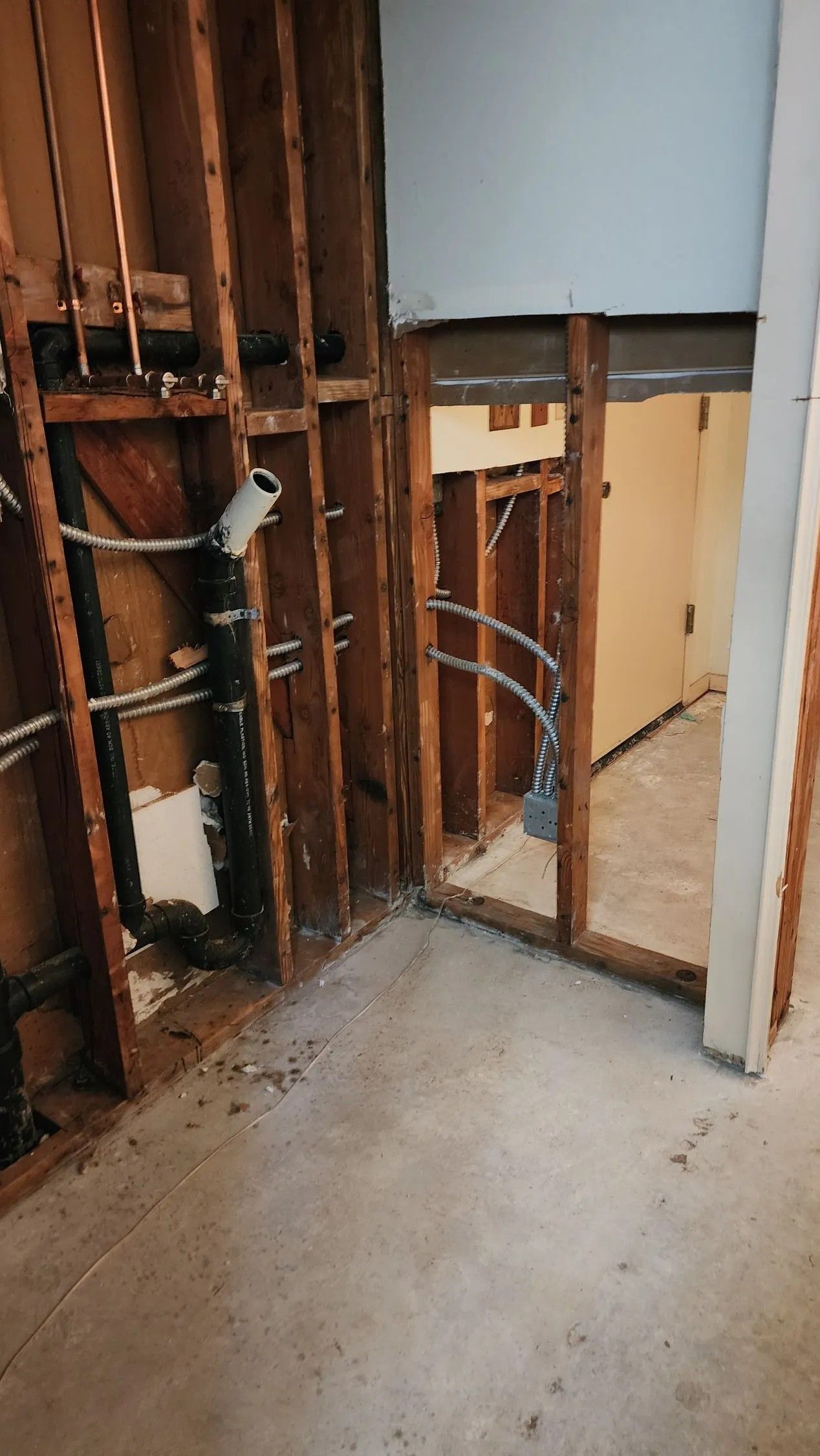 Interior wall demolition reveals exposed studs, plumbing, and electrical wiring. Concrete floor.