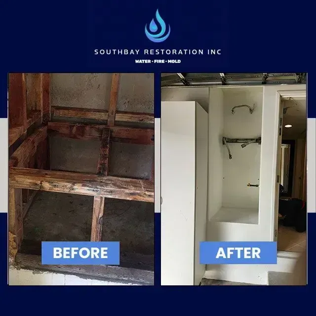 Before-and-after of a bathroom renovation. The left shows a damaged wooden frame, and the right a finished white shower.