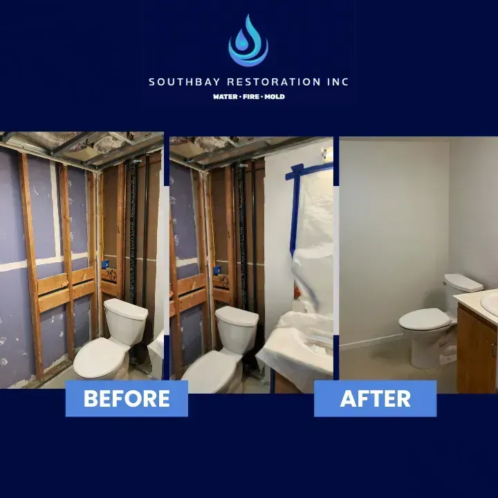 Bathroom restoration before and after photos. Damaged walls and toilet are shown, then replaced with new ones.