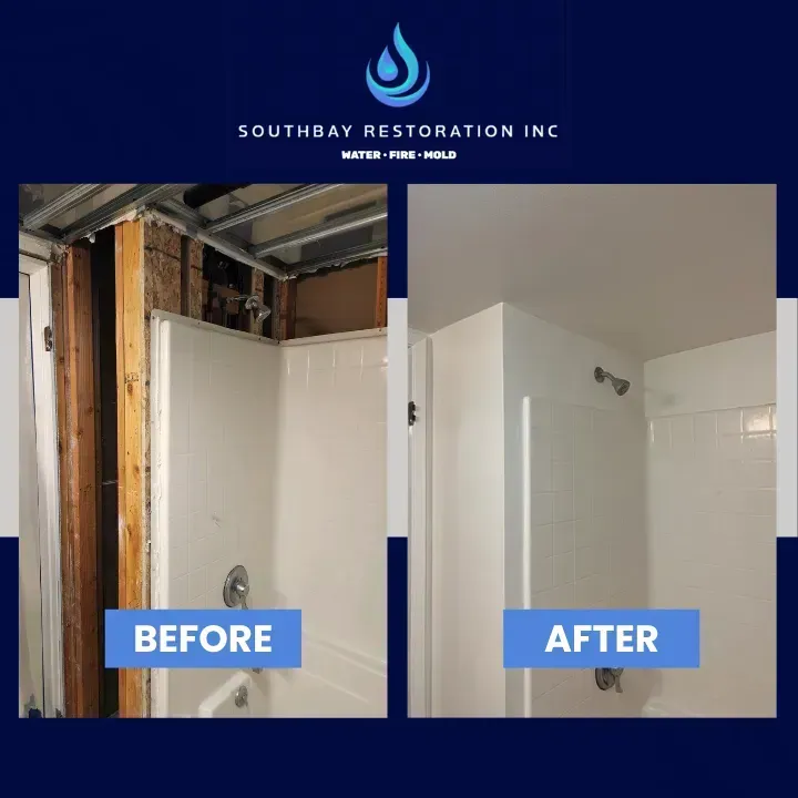 Bathroom before and after restoration. White shower stall, exposed framing before, fully renovated after.