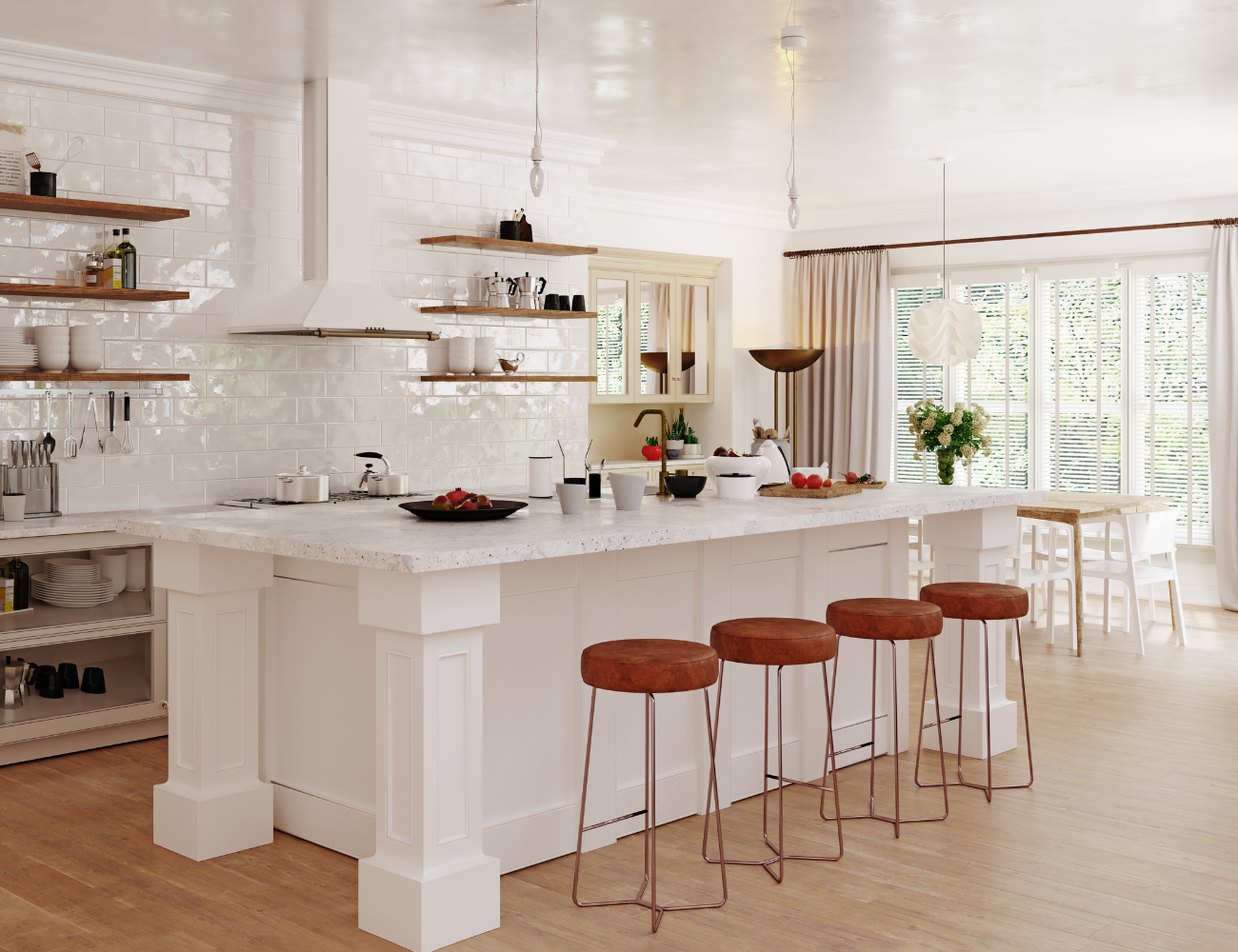 Bright modern white kitchen with a large island and wooden bar stools by a sunlit window