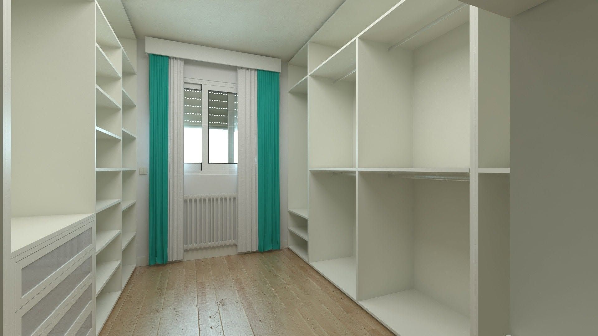 Empty white walk-in closet with built-in shelves, drawers, and teal curtains by a window