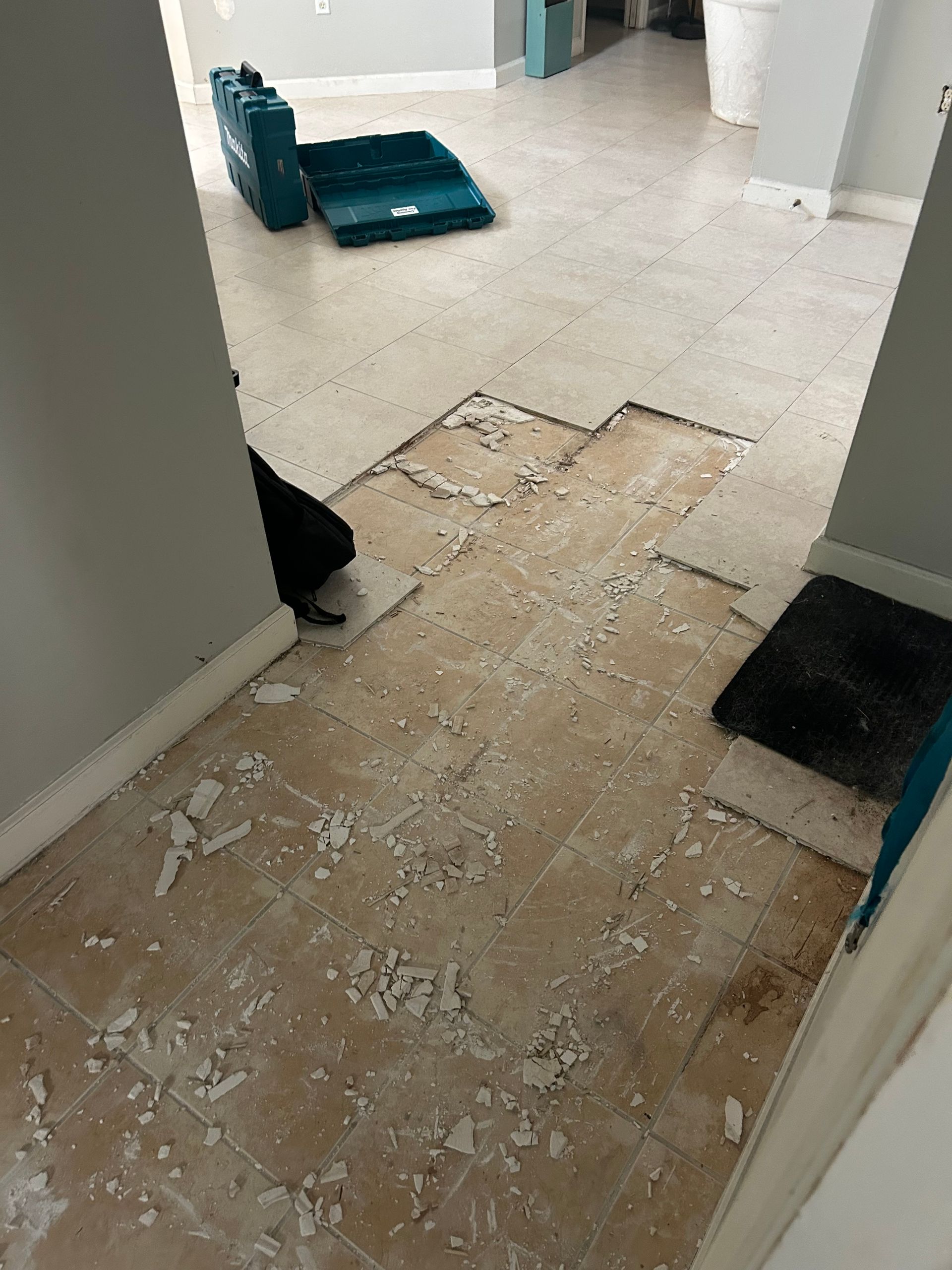 Hallway with torn-up flooring exposing subfloor, with dustpan and cleaning tools in the background