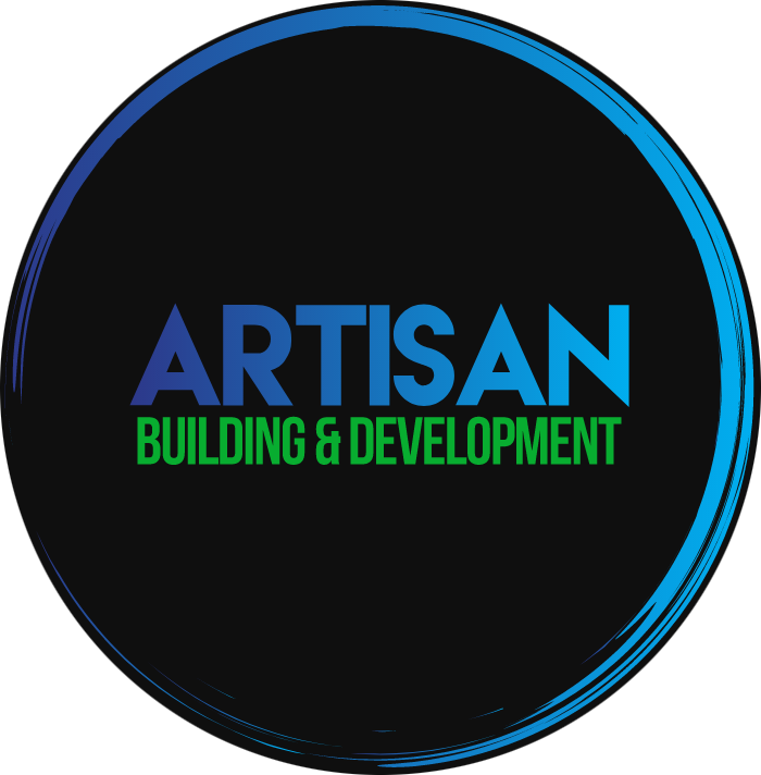 ARTISAN Building & Development logo in blue, green, and black circular design