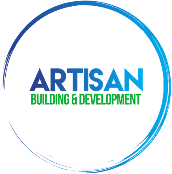 Artisan Building & Development logo with blue circular swoosh and green text