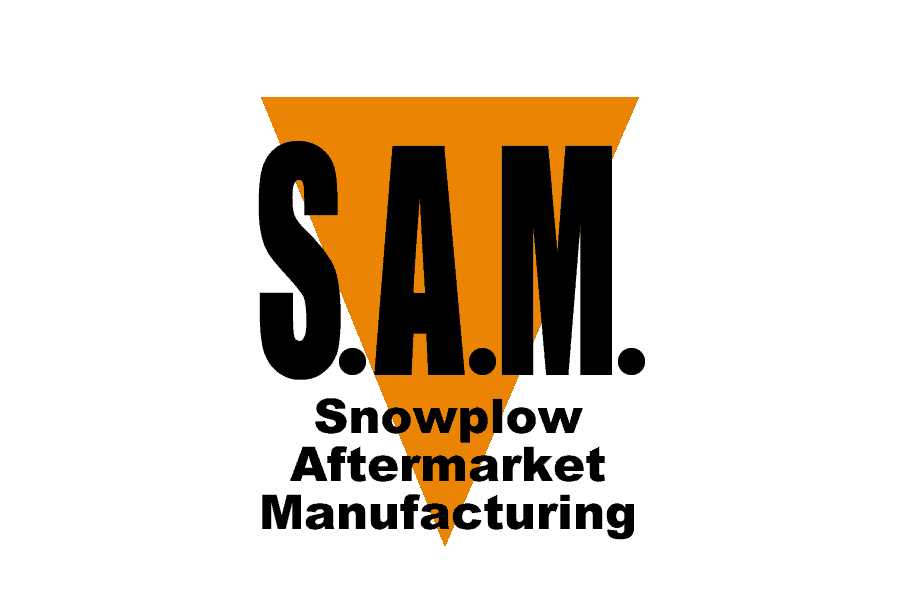 Logo for SAM Snowplow Aftermarket Manufacturing; Black text on orange triangle.