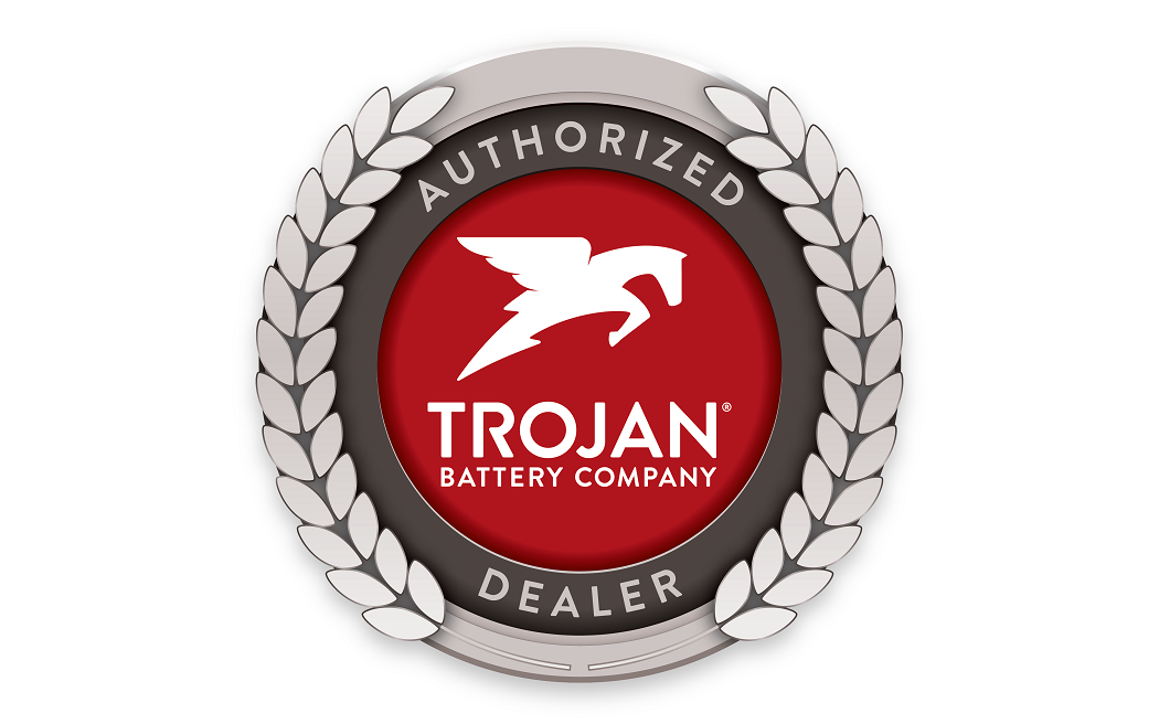 Trojan Battery Company authorized dealer badge with a winged horse icon in a red circle.
