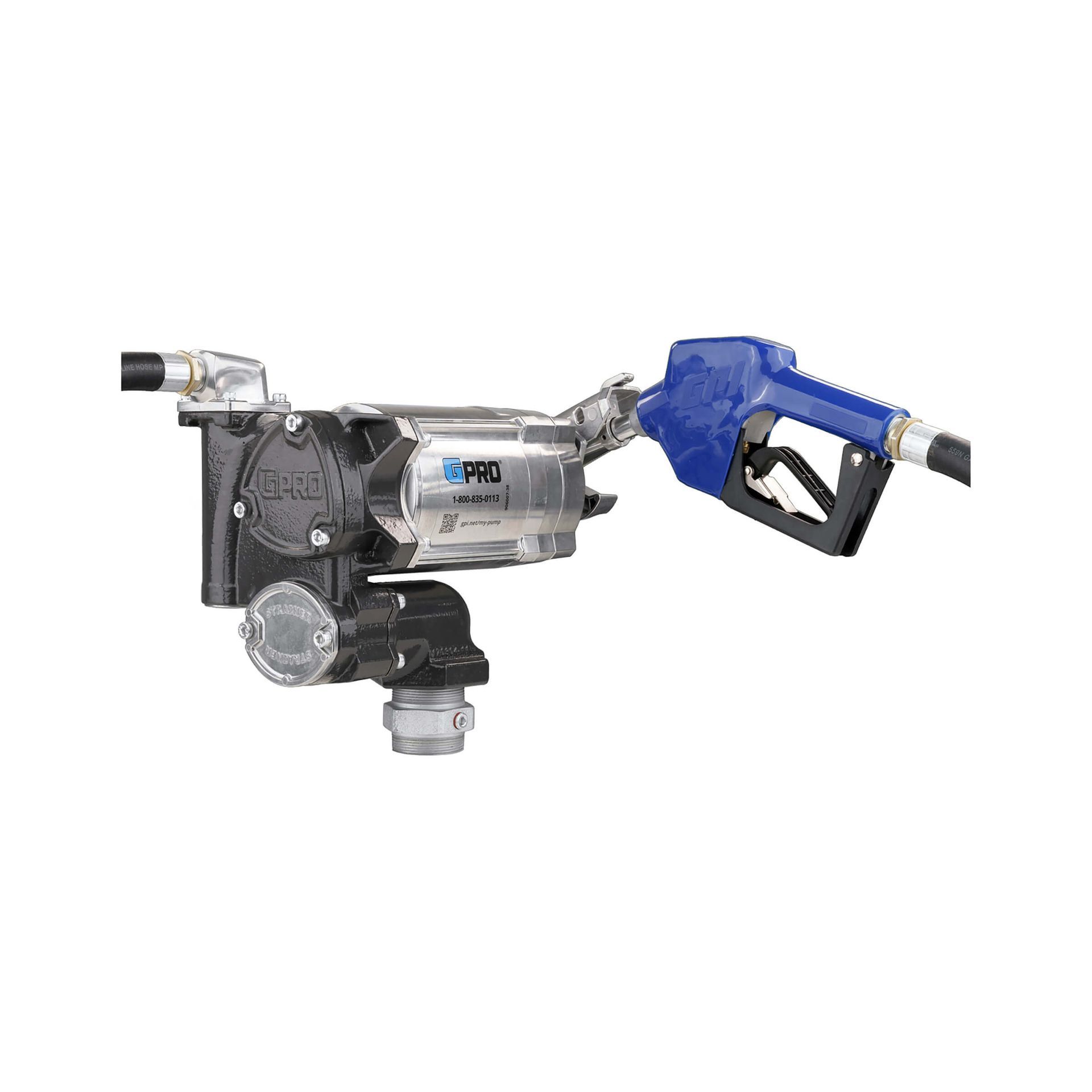 A fuel pump with a blue nozzle attached to it on a white background